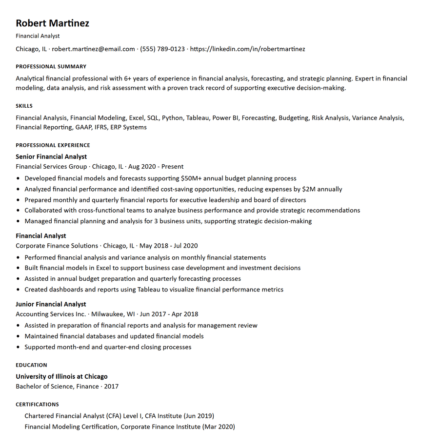 ATS-optimized plain-text resume, financial analyst example with a single-column, parseable layout