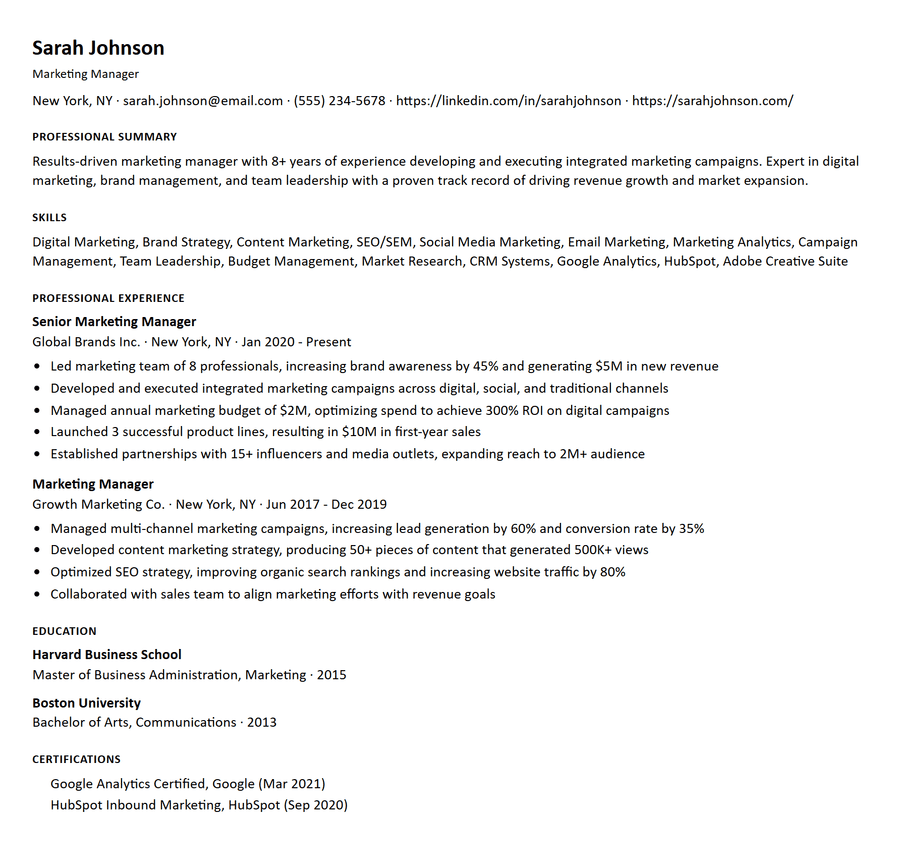 ATS-optimized plain-text resume, marketing manager example with standard section headings