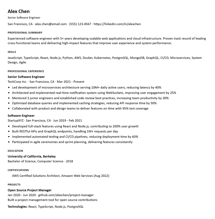 ATS-optimized plain-text resume, software engineer example with no columns, tables or graphics