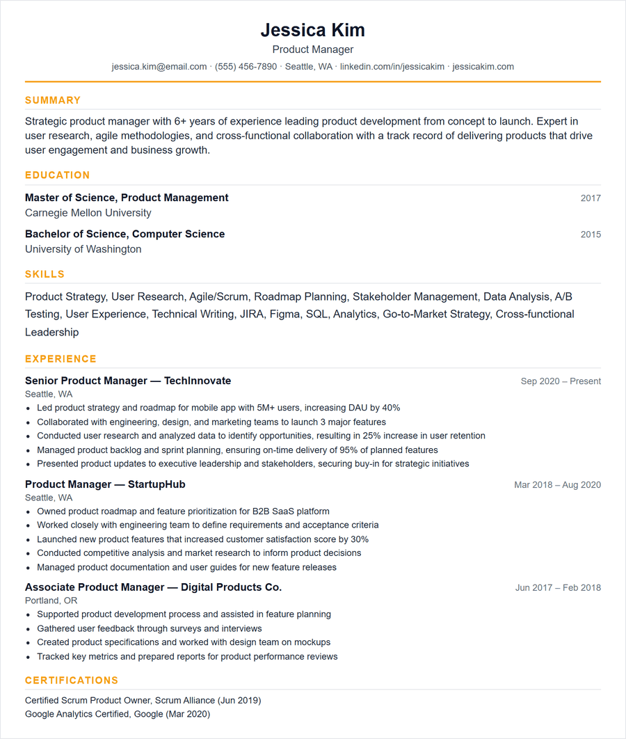 Role-focused resume template, product manager example organised around launches and user metrics