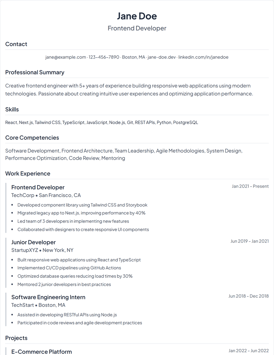 Classic Simple resume template, a one-column layout with a centered header block