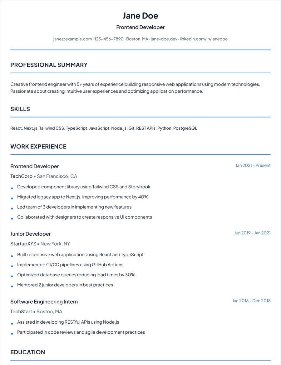 Classic resume template, a single-column layout with a centered name and ruled section headings