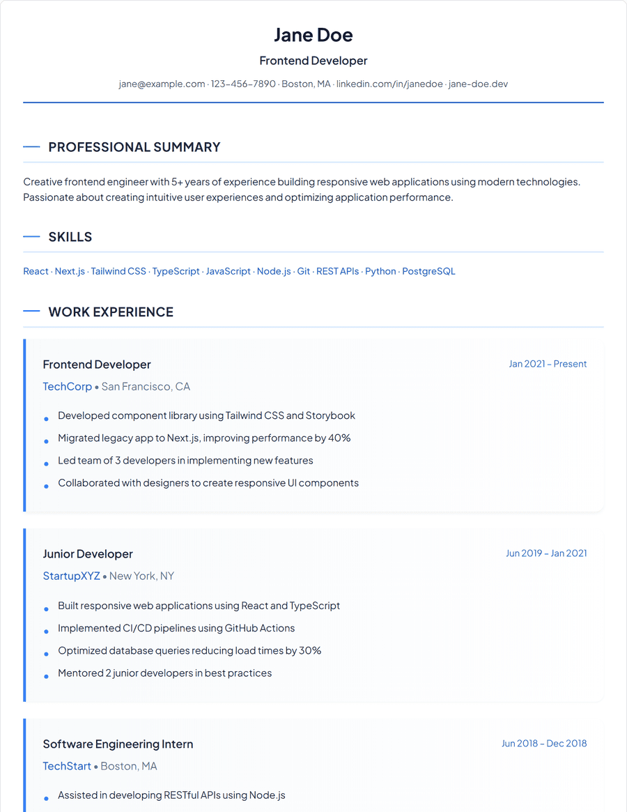 Elegant resume template, a refined single-column layout with serif section headings