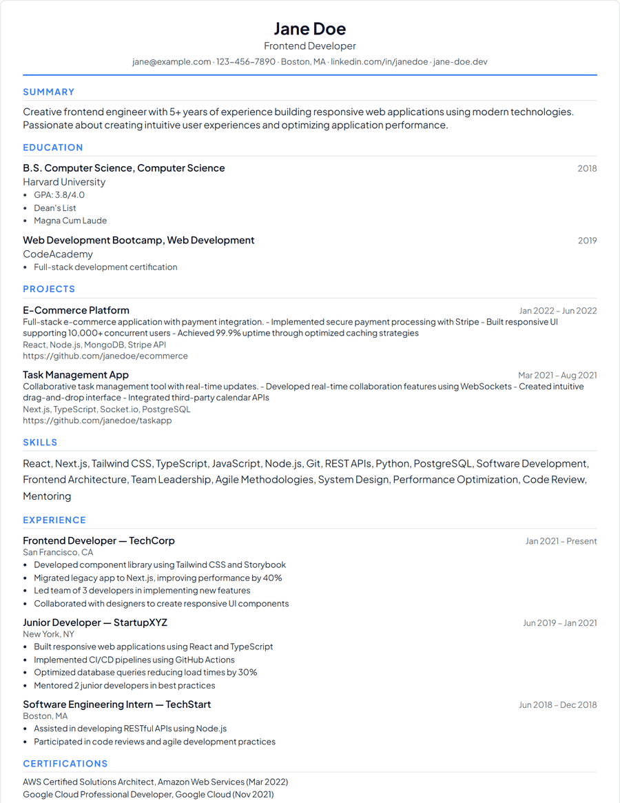 Entry Level resume template, a one-page layout leading with education and projects