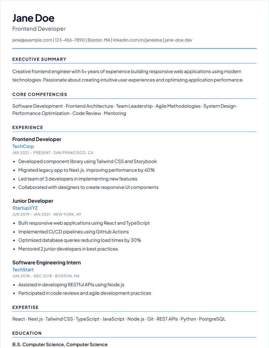 Executive resume template, a senior-weighted layout with room for a longer summary