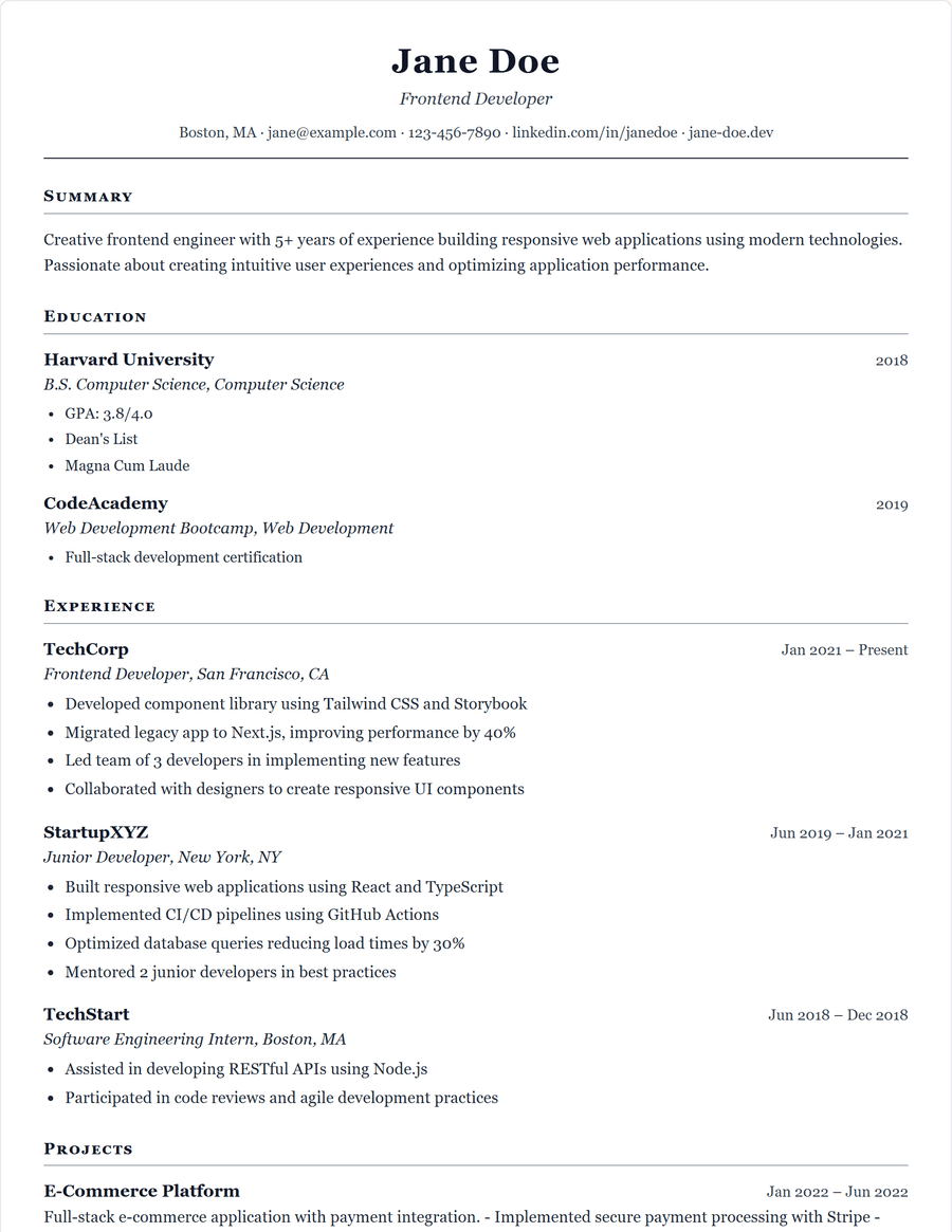 Ivy League resume template, a traditional serif layout with no accent colour
