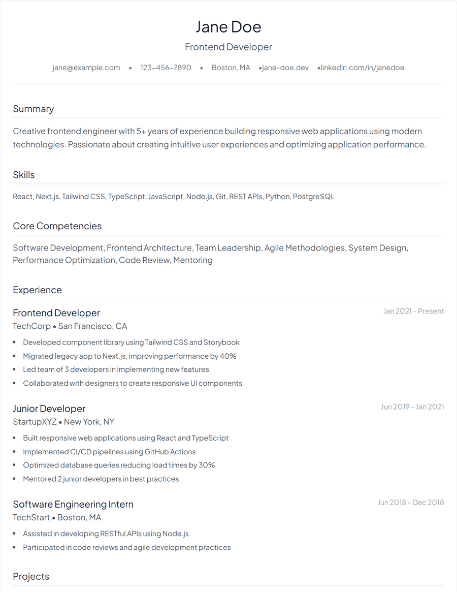 Minimal resume template, a light single-column layout with wide margins and no rules