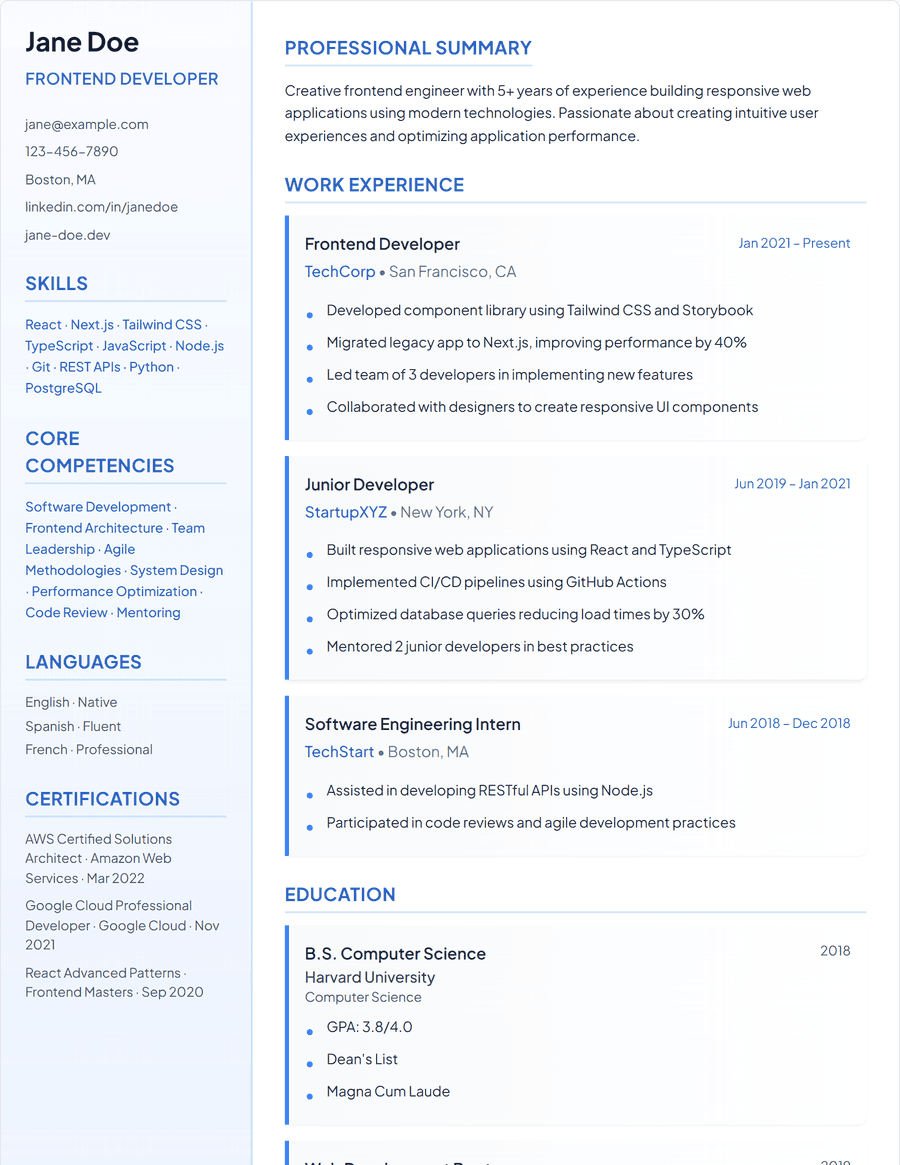 Modern resume template, a two-column layout with a tinted skills and contact sidebar